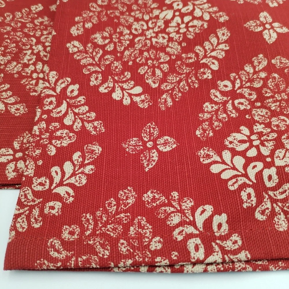 Set of 4 O HOME Cloth Napkins Red‎ Tan Damask Floral Woven Dinner 20